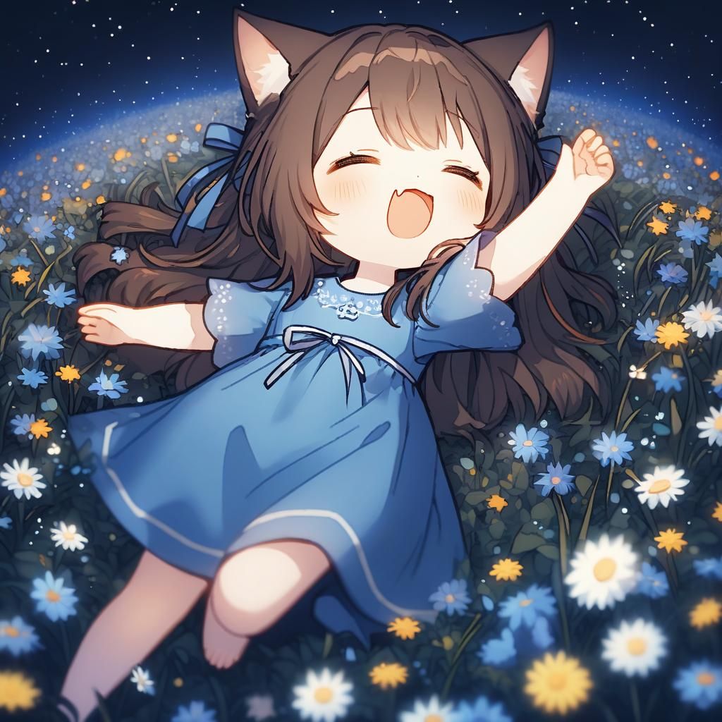 Adorable Chibi Catgirl Yawning in Flowery Field
