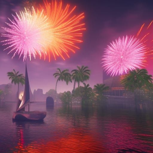Spectacular Fireworks Display Over Water in Detailed Paintin...