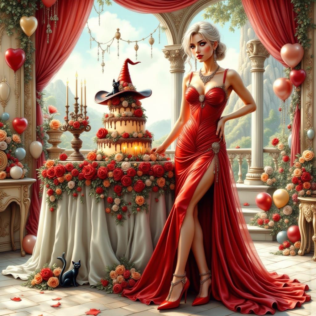 Beautiful Elf Woman in Red Gown at Birthday Party