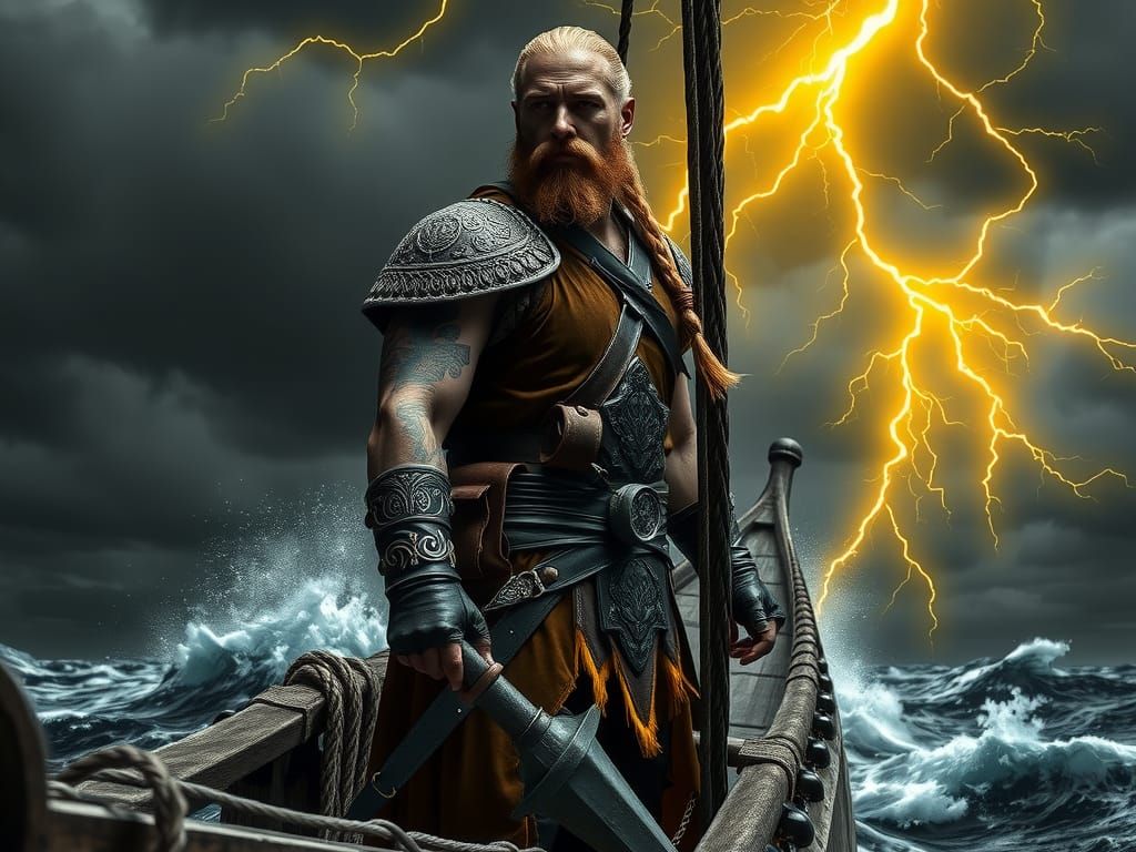Viking Warrior on Longship in Lightning Storm
