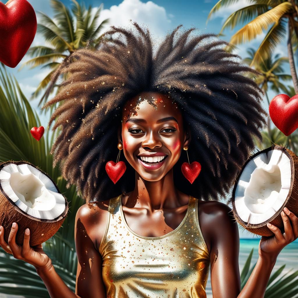 Joyful Afro Girl with Coconut Water in Splatter Art