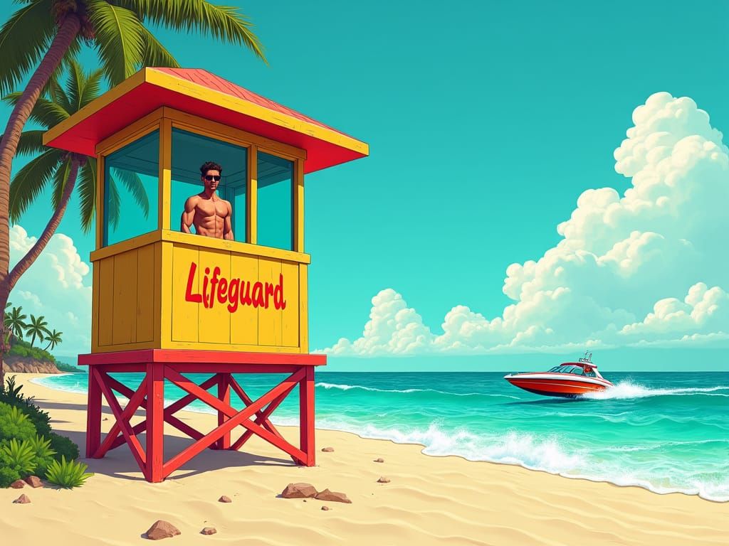 Lifeguard in Beach Tower: Comic Book Style