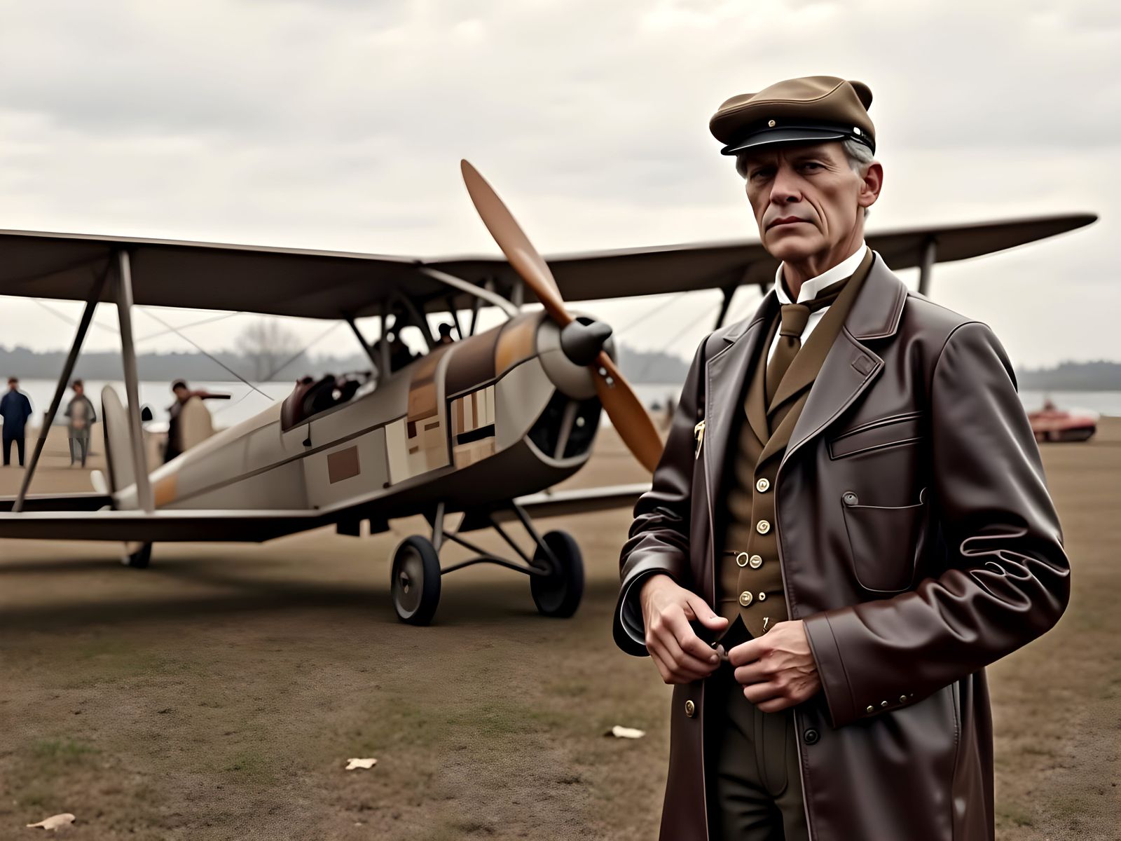 WWI Pilot in Front of His Biplane Ready for Takeoff