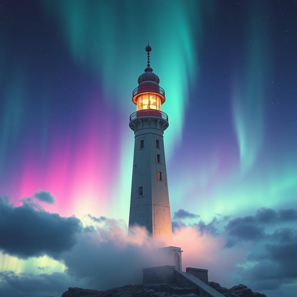 Floating Lighthouse in Aurora Sky: Ethereal Digital Art