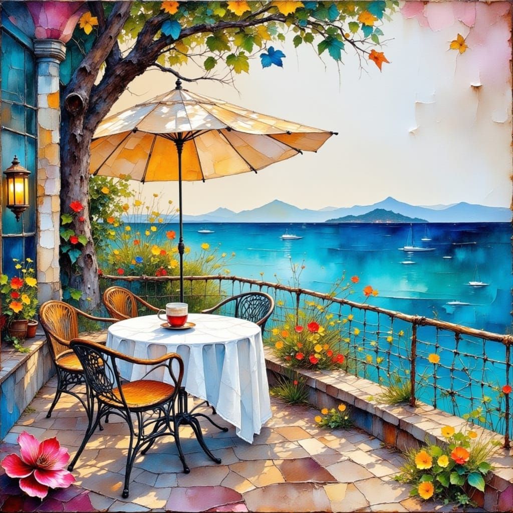 Coffee Overlooking Ocean in Oil Paint Style