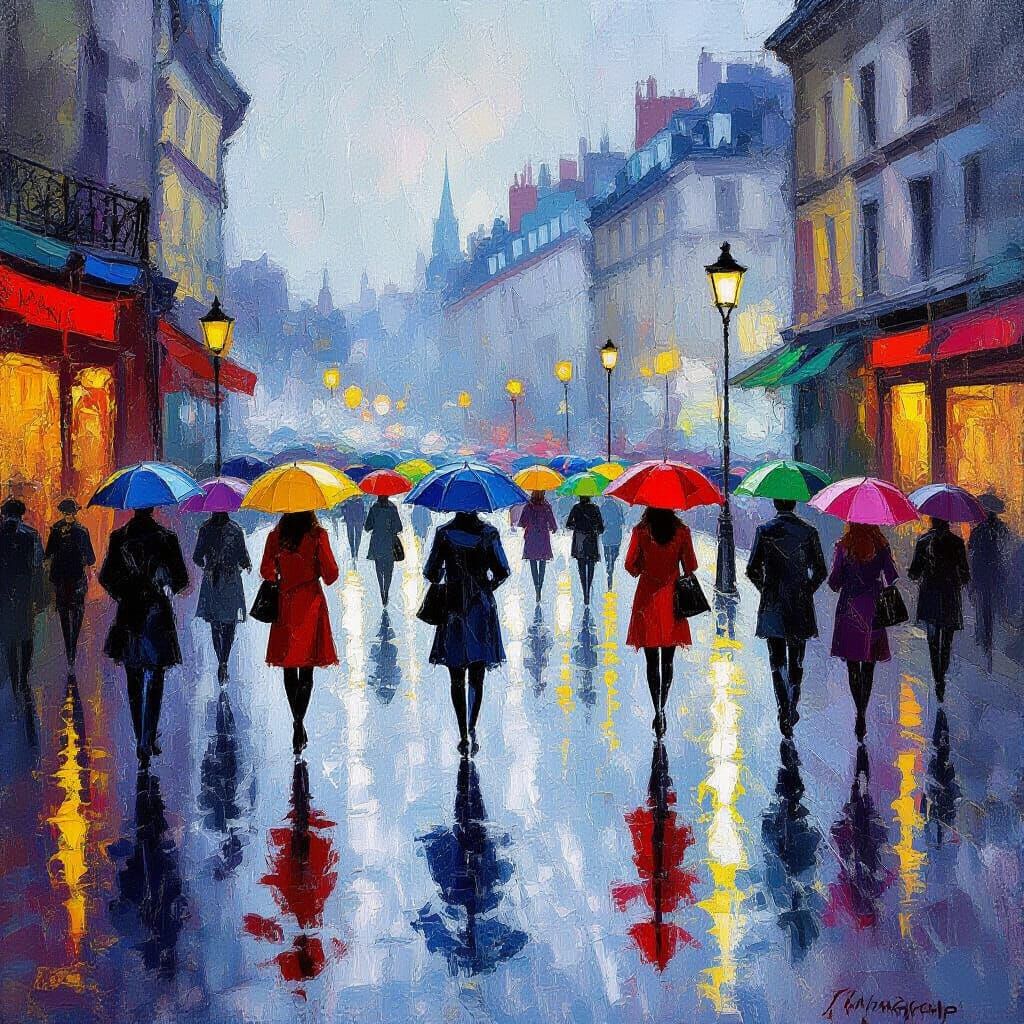 Rainy City Street with Fractal Reflections in Impressionist ...