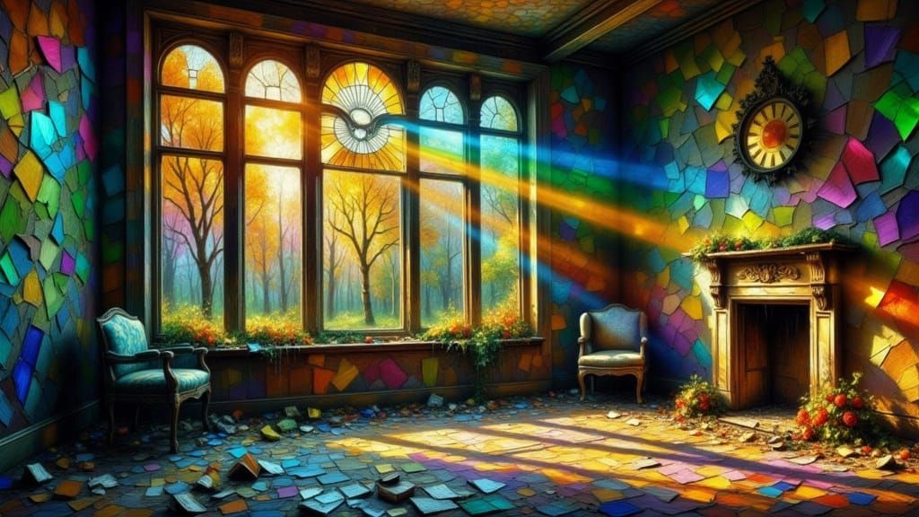 Sunlight Through Shattered Stained-Glass in Hyperrealism