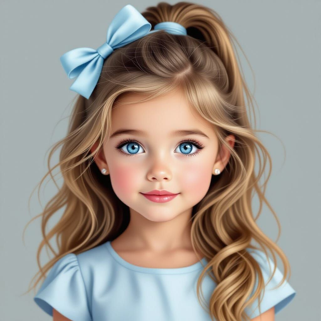 Digital Portrait Of A Young Girl With Blue Eyes And Bow