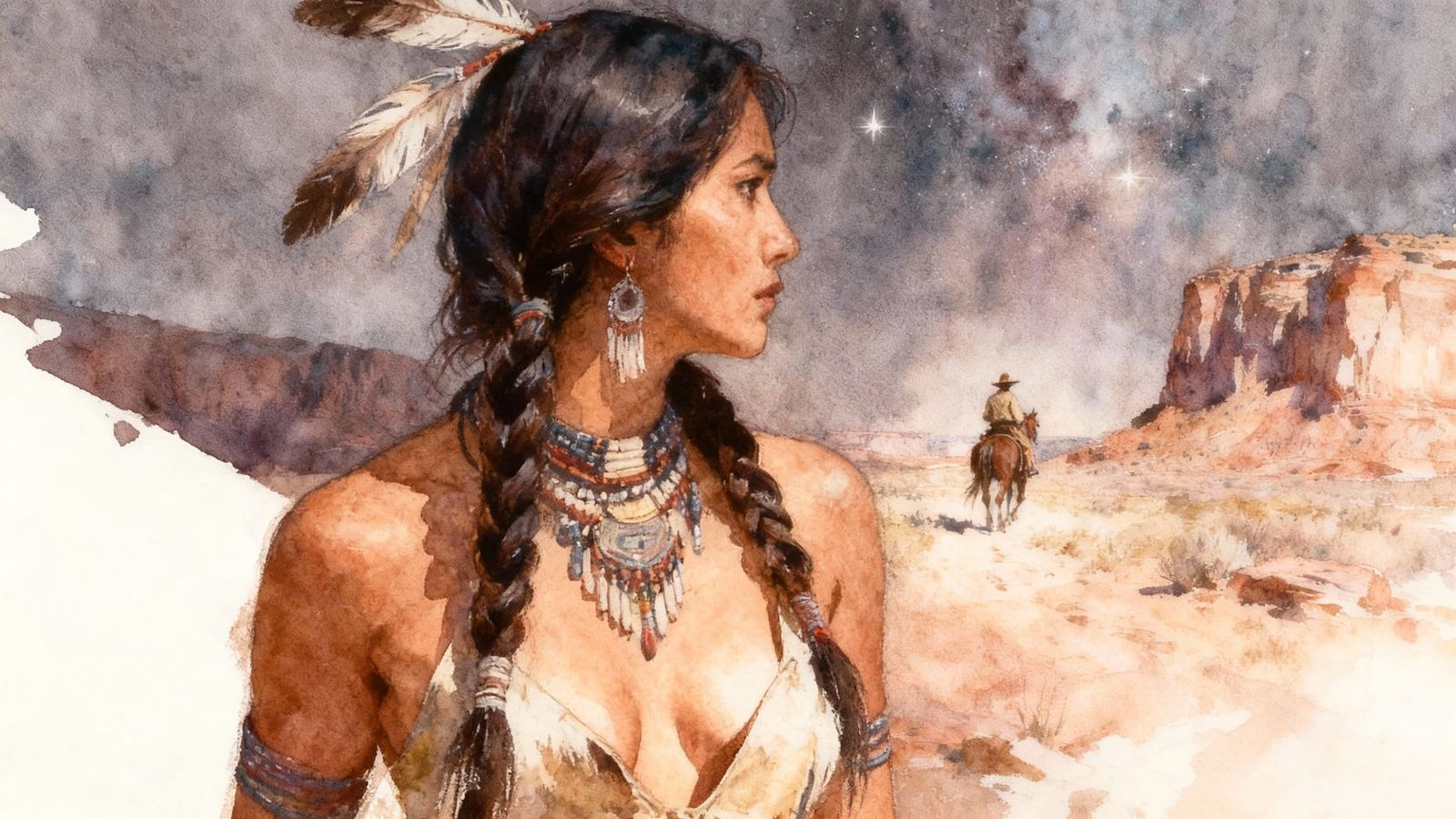Apache Woman and Cowboy in Western Watercolor Landscape