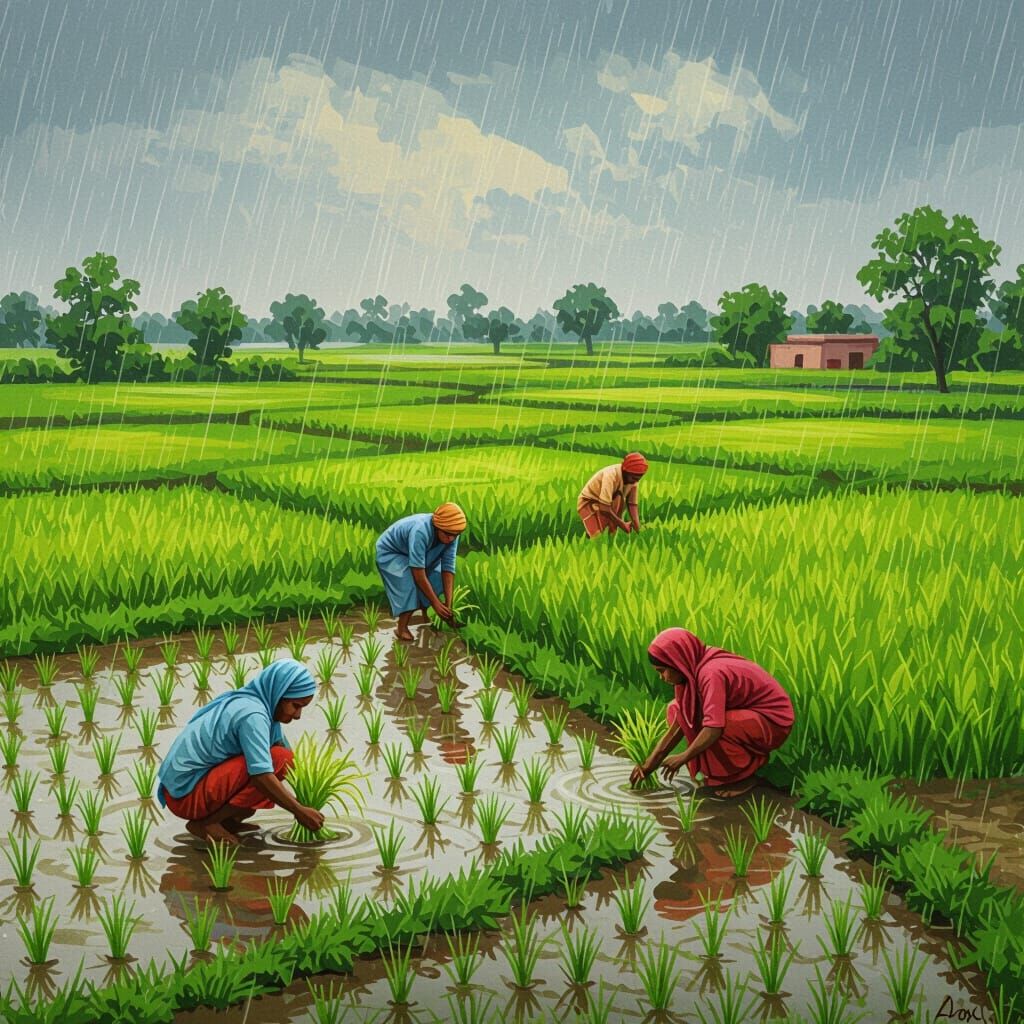 Indian Farmers Sowing Paddy Inspired by Mughal Art