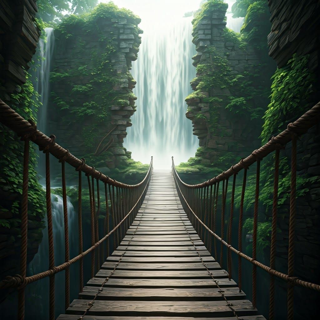 Surreal Rope Bridge Connects Floating Islands Over Majestic ...