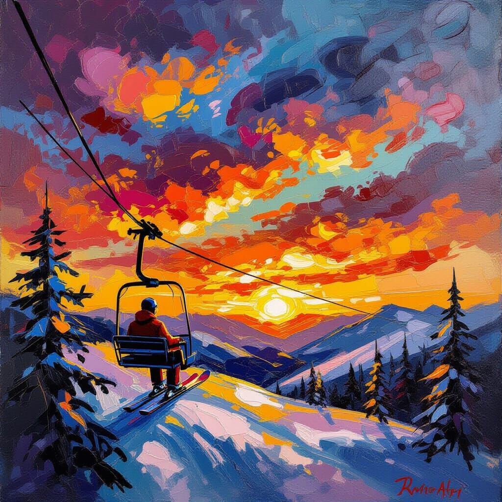 Skier on Chairlift at Sunset in Abstract Expressionism