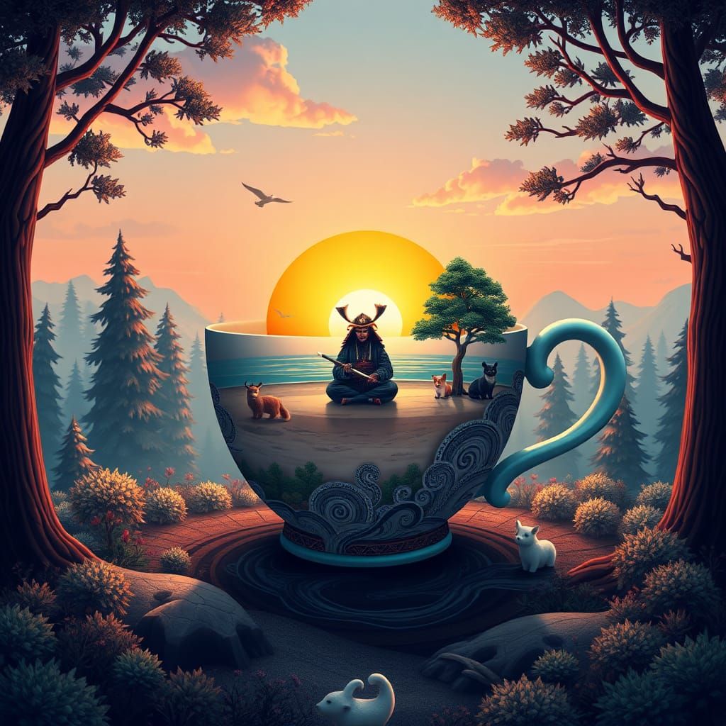 Magical Teacup: Samurai Beach Scene in 3D