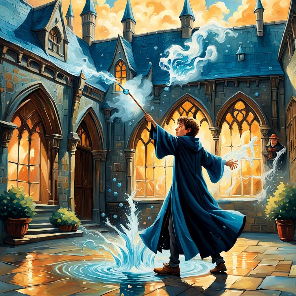 Young Wizard Casting Aqua Eructo: Impressionist Oil Painting