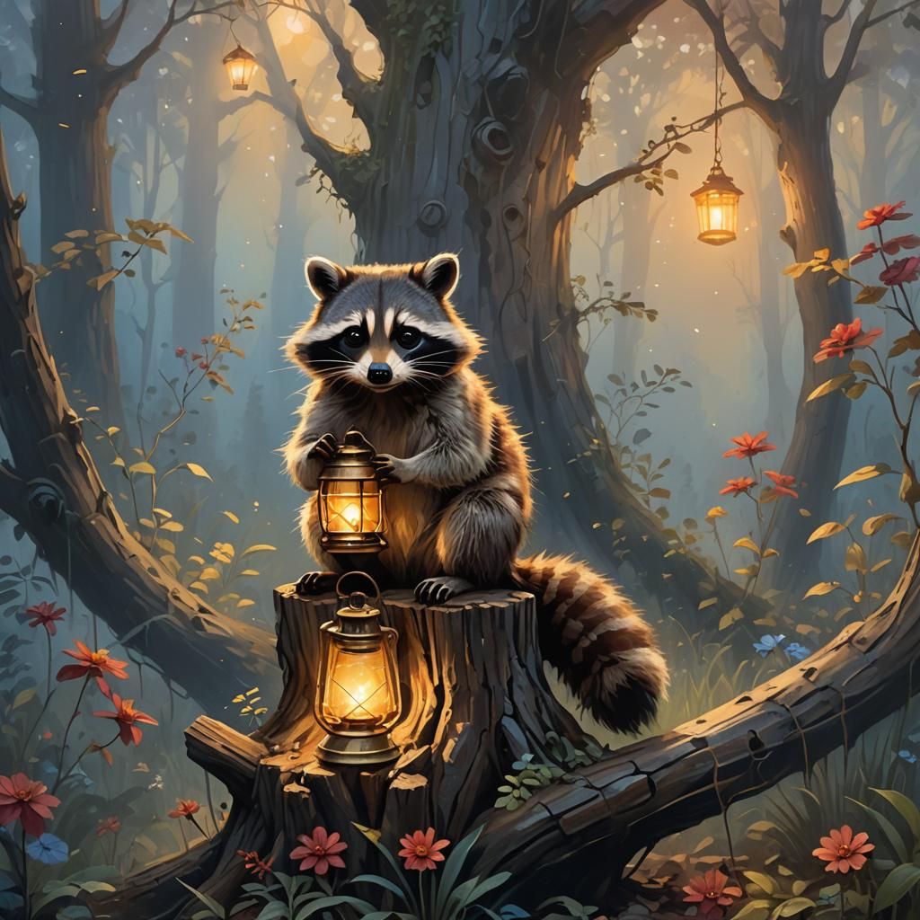 Raccoon in Misty Forest, Disney Style