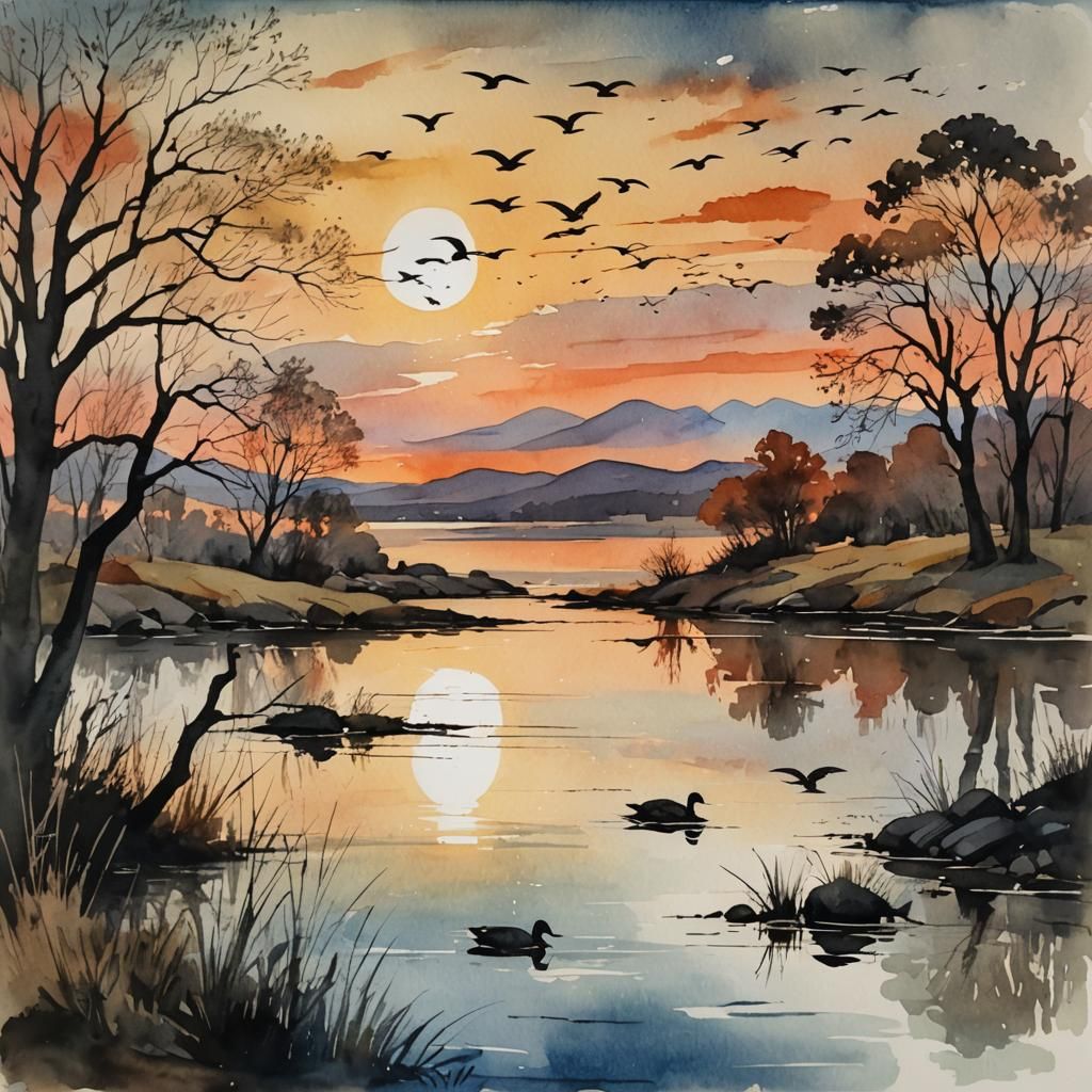 Geese Fly Over Lake at Sunset, Watercolor Style