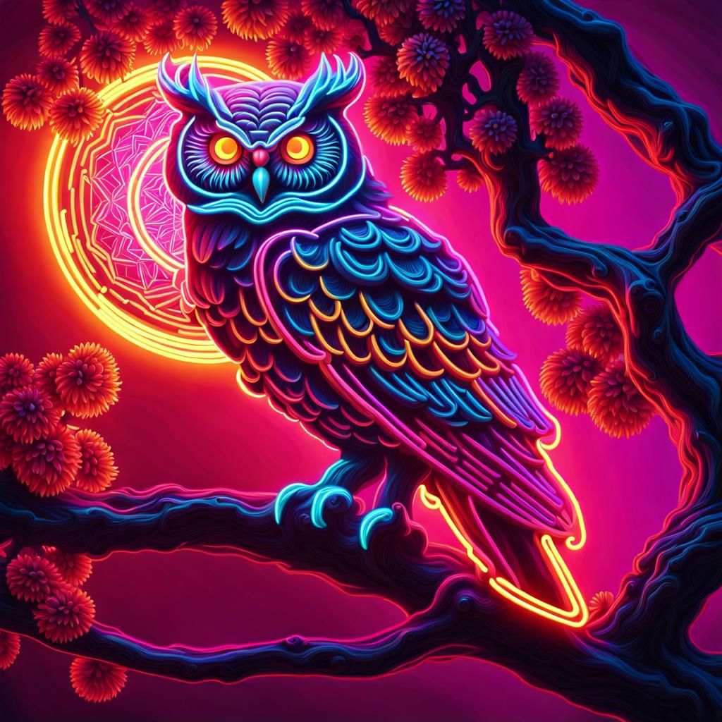 Glowing Neon Owl on Branch in Synthwave Style