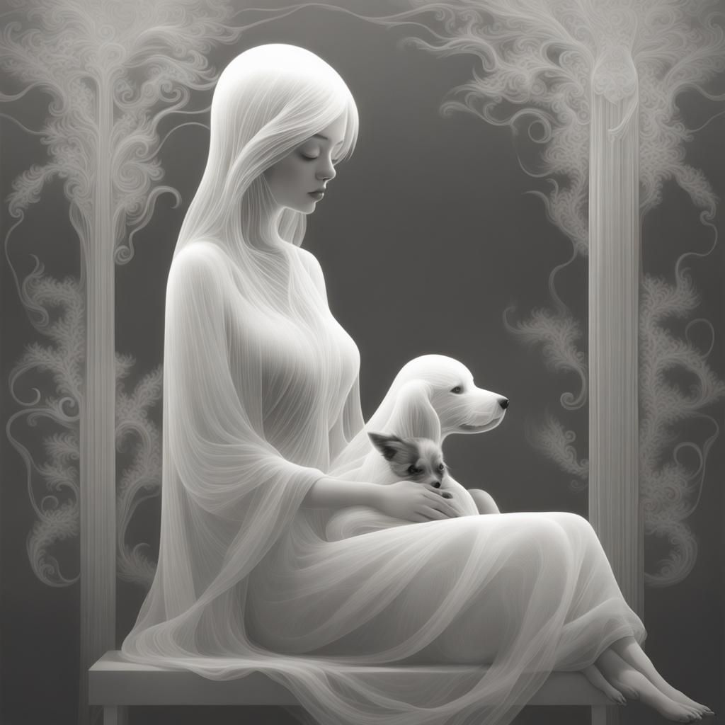 Woman ghost and puppy by Kazuki Takamatsu, monochromatic, gh...
