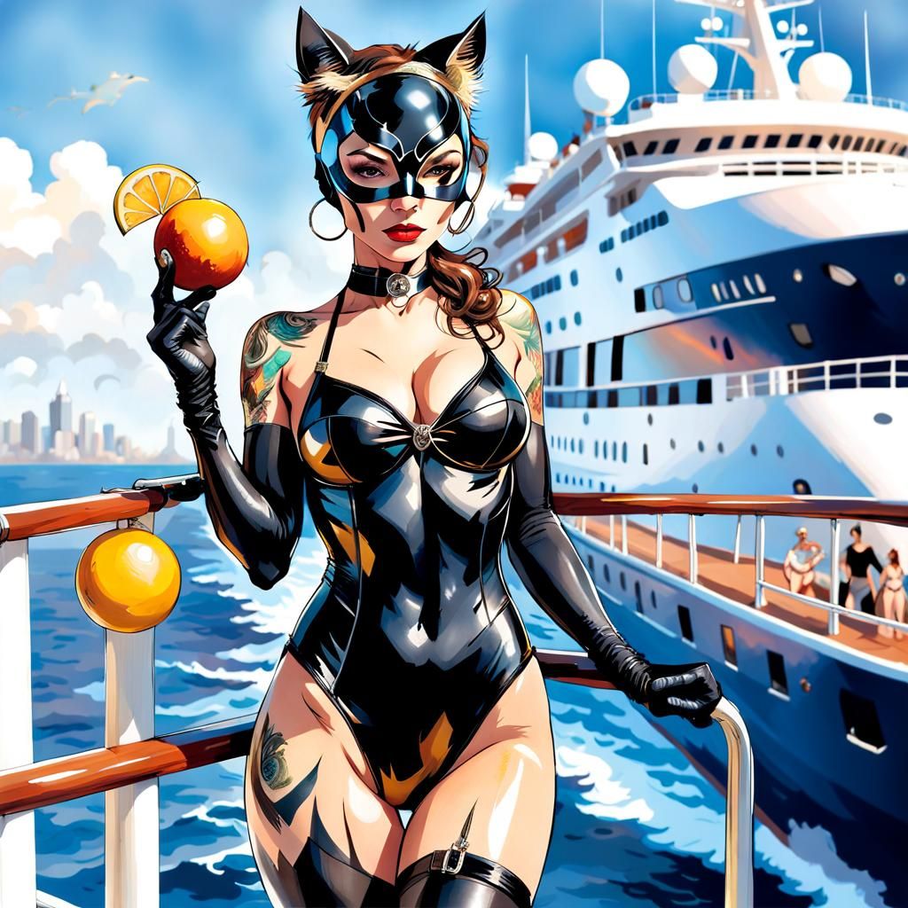 Catwoman on Cruise Ship: Digital Anime Illustration