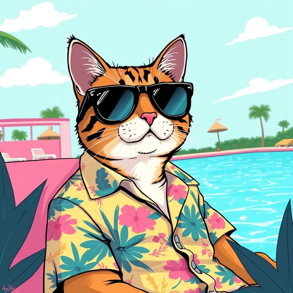 Cat in Sunglasses: 80s Animation Style