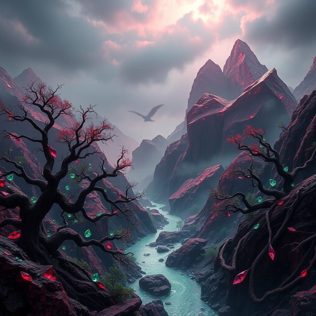 Dark Fantasy Masterpiece: Ruby Jeweled Mountains with Emeral...