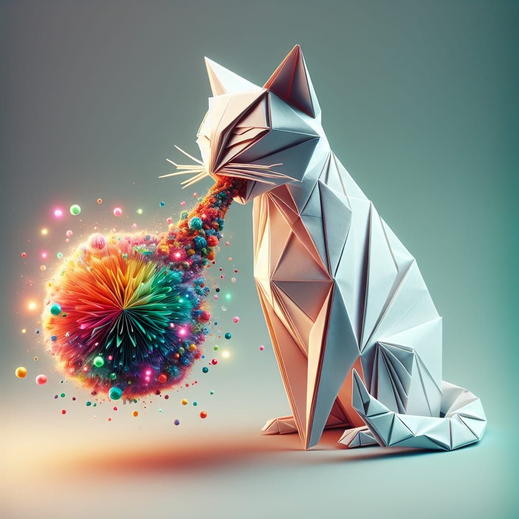 Origami Cat Coughing Up Rainbow Hairball