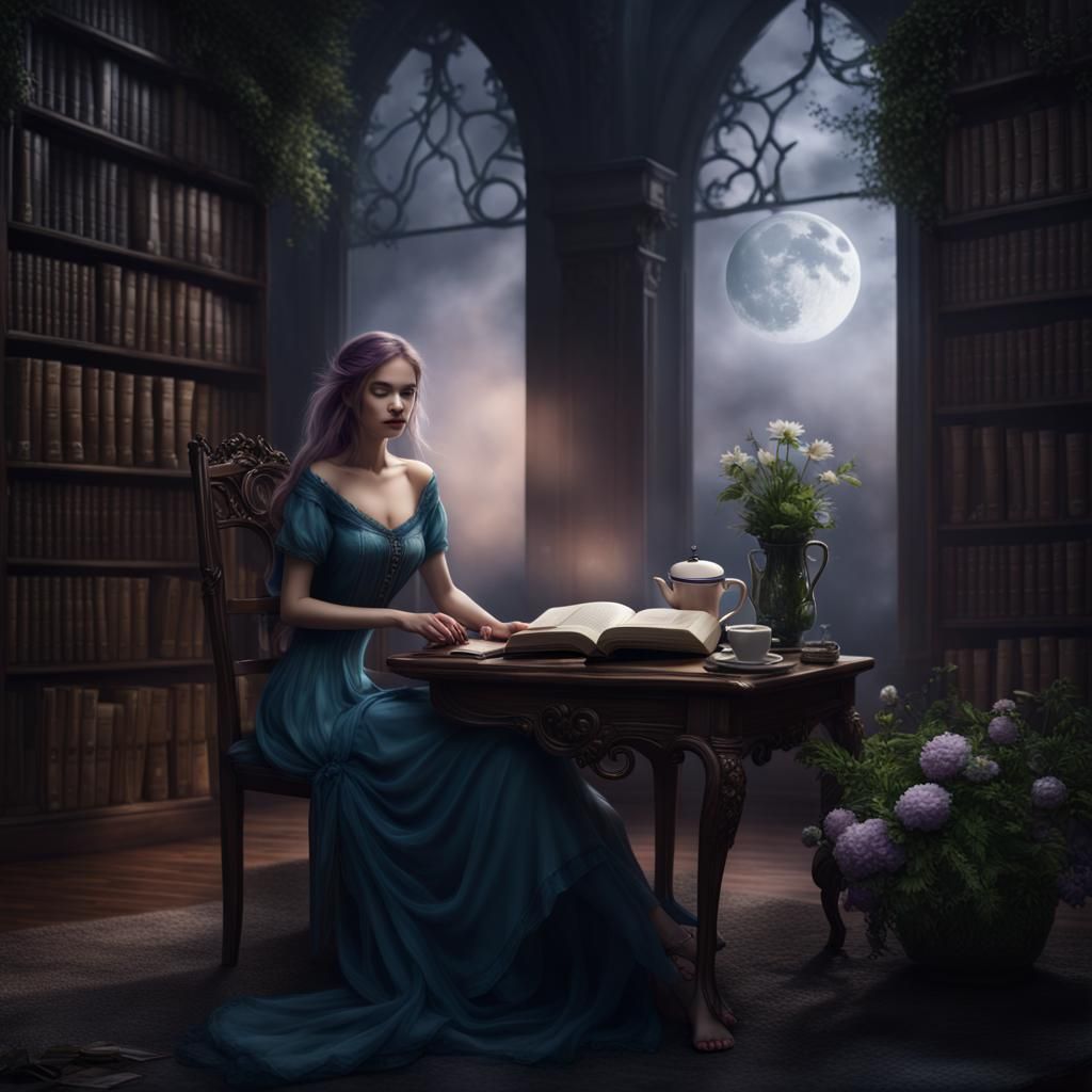 Enchanted Library: Moonlit Fantasy Art in 8K
