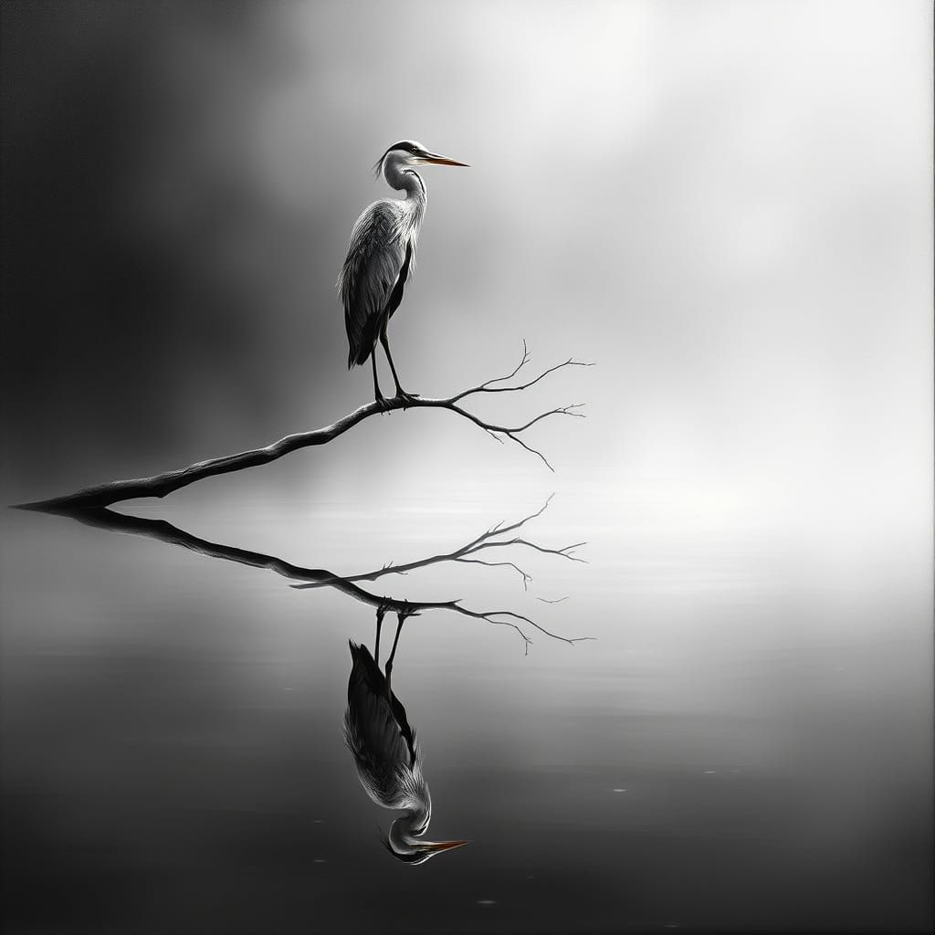 Heron in Serene Black-and-White Landscape