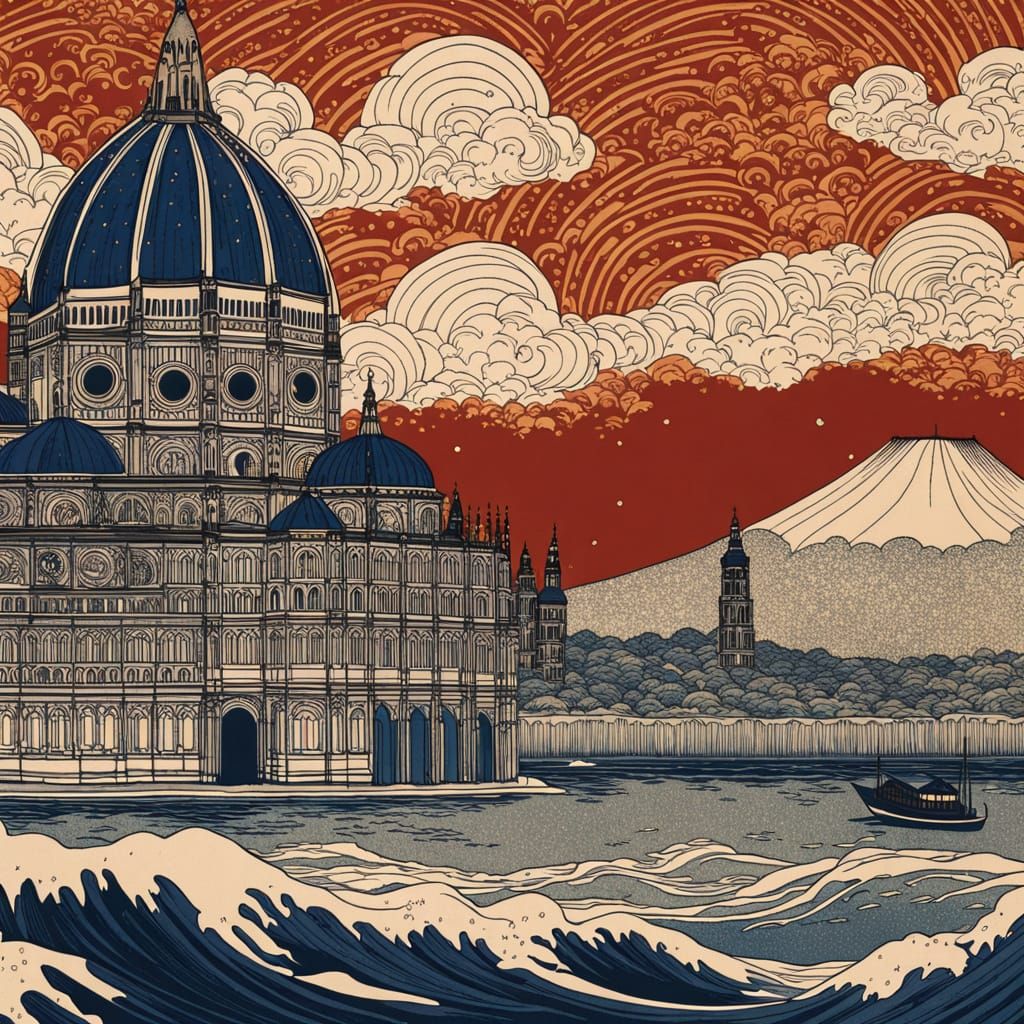 Santa Maria del Fiore in Ukiyo-e Woodblock Style