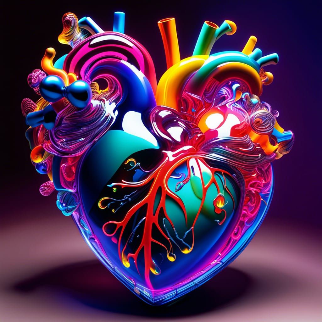 Glowing Musical Heart in Glass, Liquid Art Style