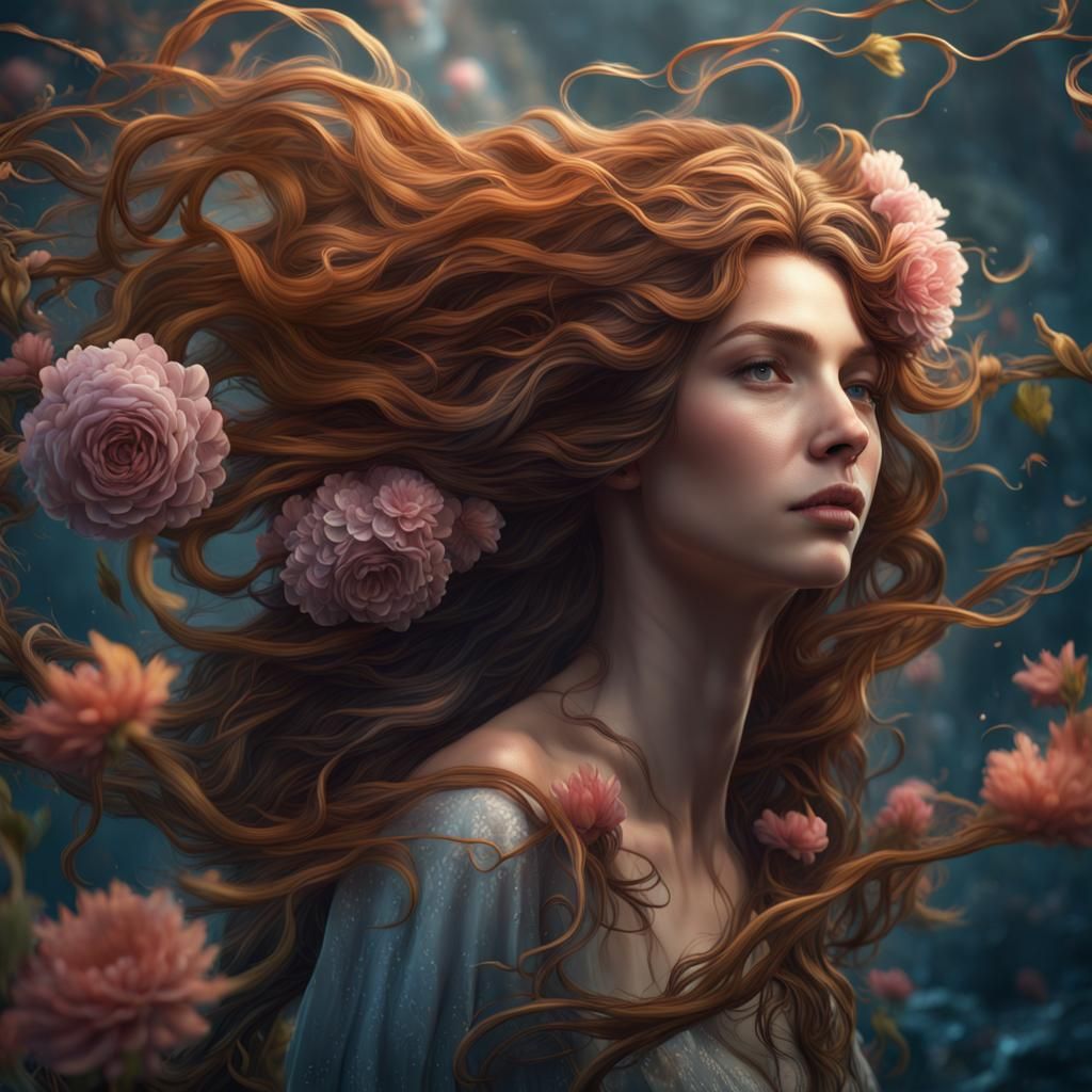 Floating Woman with Flowing Hair and Flower Vines