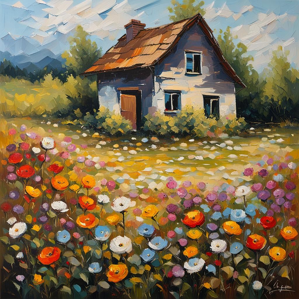 Blooming Field: Palette Knife Cottage Painting
