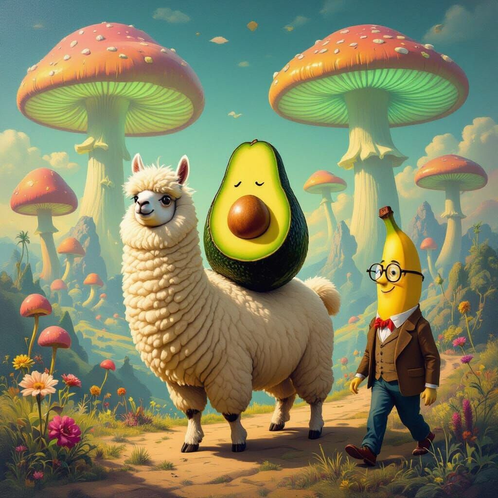 Avocado Rides Llama Through Giant Mushrooms With Banana