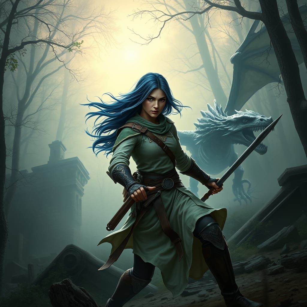 Ethereal Warrior in Ancient Ruins, Dark Fantasy Style