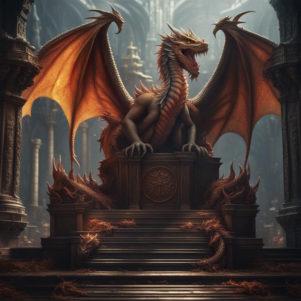 Sad Dragon Guarding Throne in Classic Academia Style