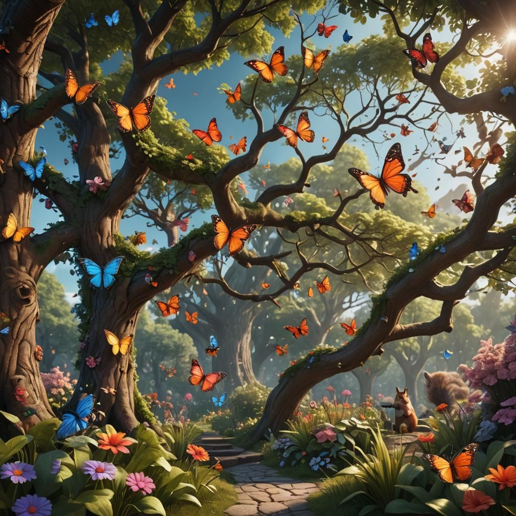 Lush Garden Scene with Squirrel, Detailed Matte Painting