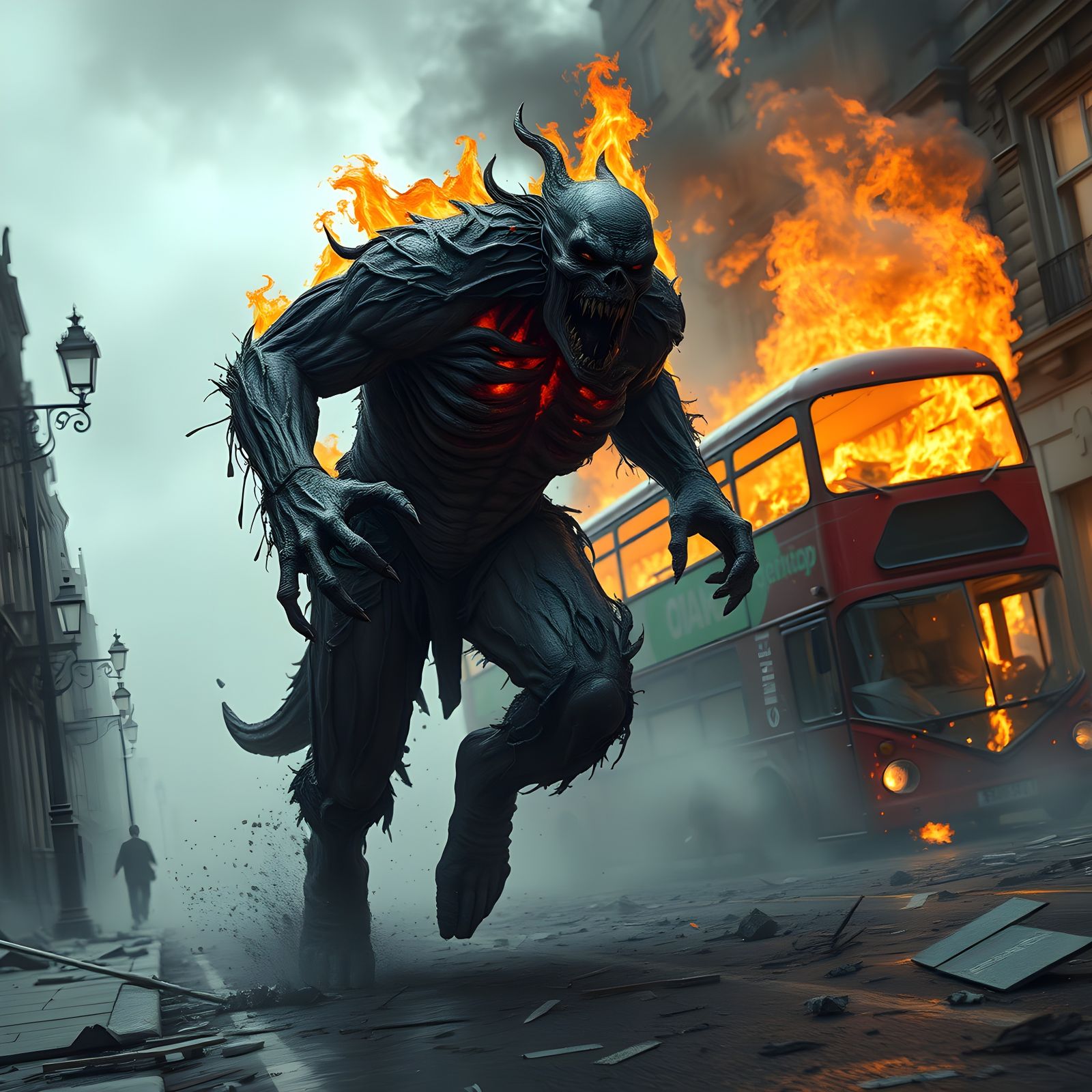 Blazing Zombie Runs Through London, Detailed Matte Painting