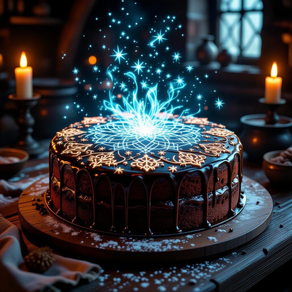 Magical Brownie with Ethereal Glow in Medieval Bakery