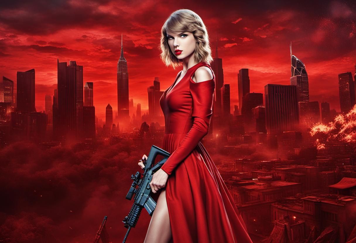 Fantasy Assassin in Red Dress with Rifle