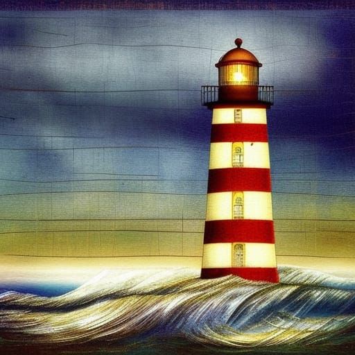 Lighthouse in Stormy Sea: Surrealist Illustration