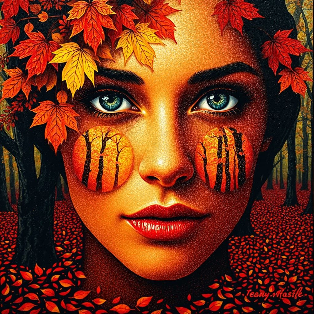 Autumn Forest Woman: A Pointillist Portrait