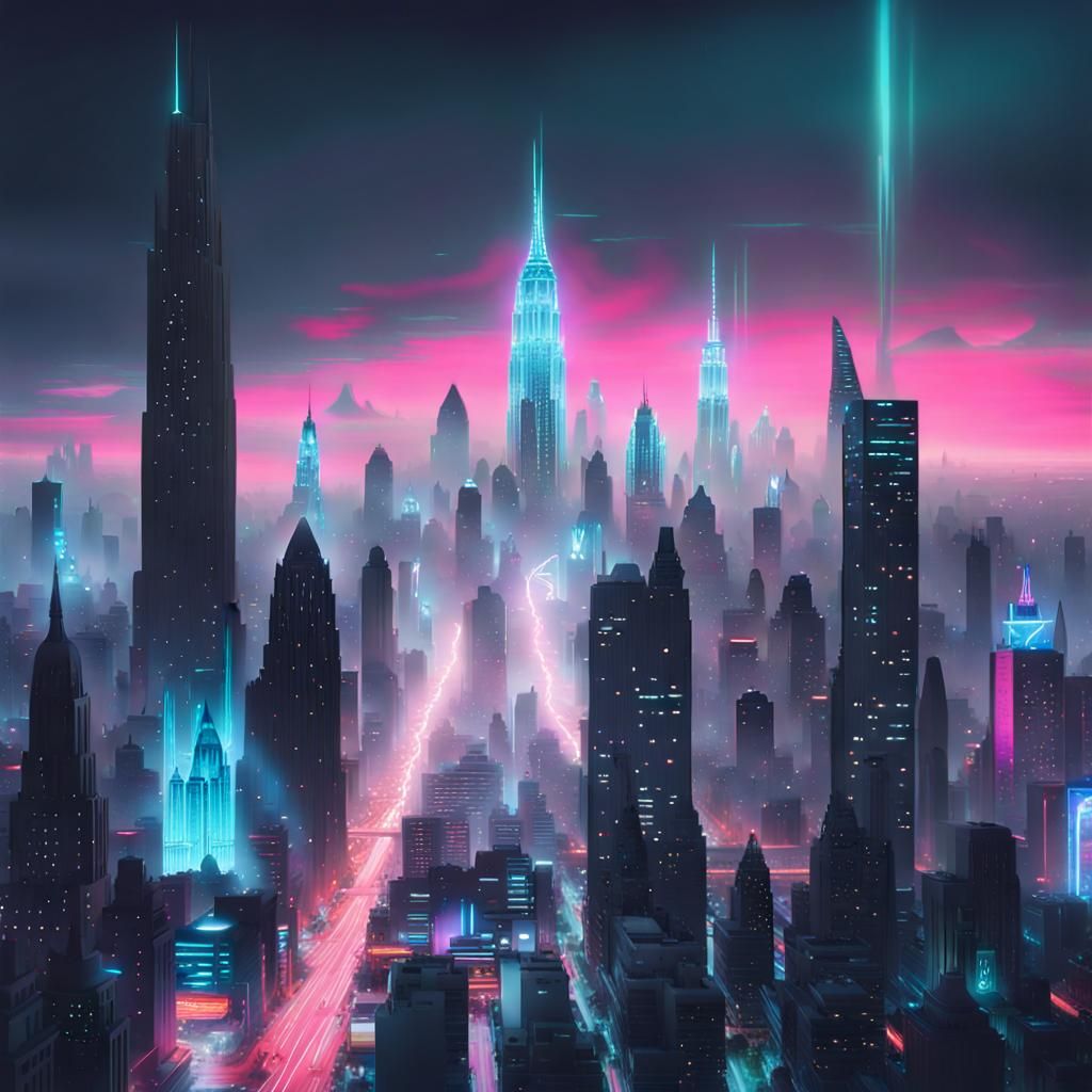 Neon City Skyline in Mystical Fantasy Style