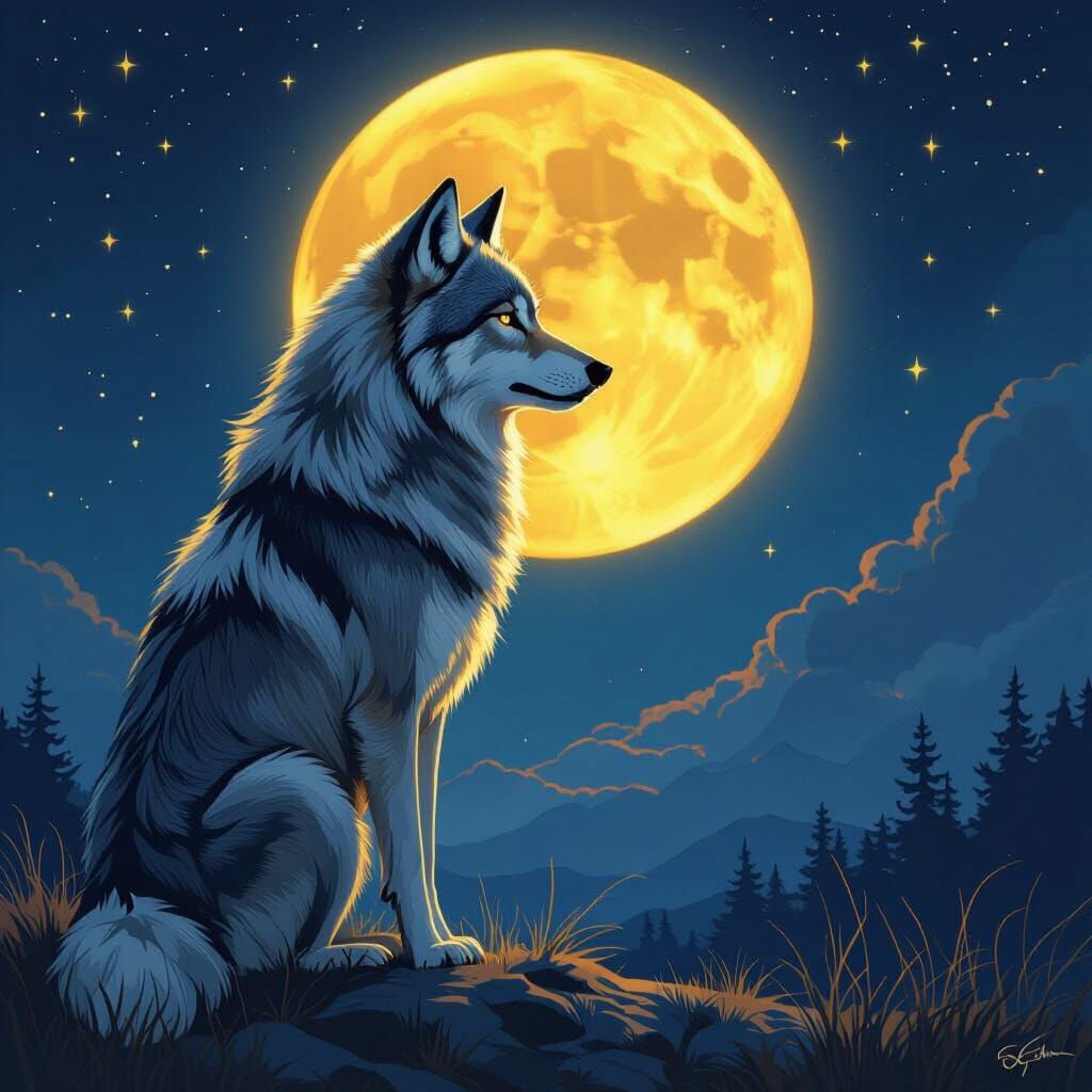 Majestic Golden Wolf Gazing at Moon in Digital Painting