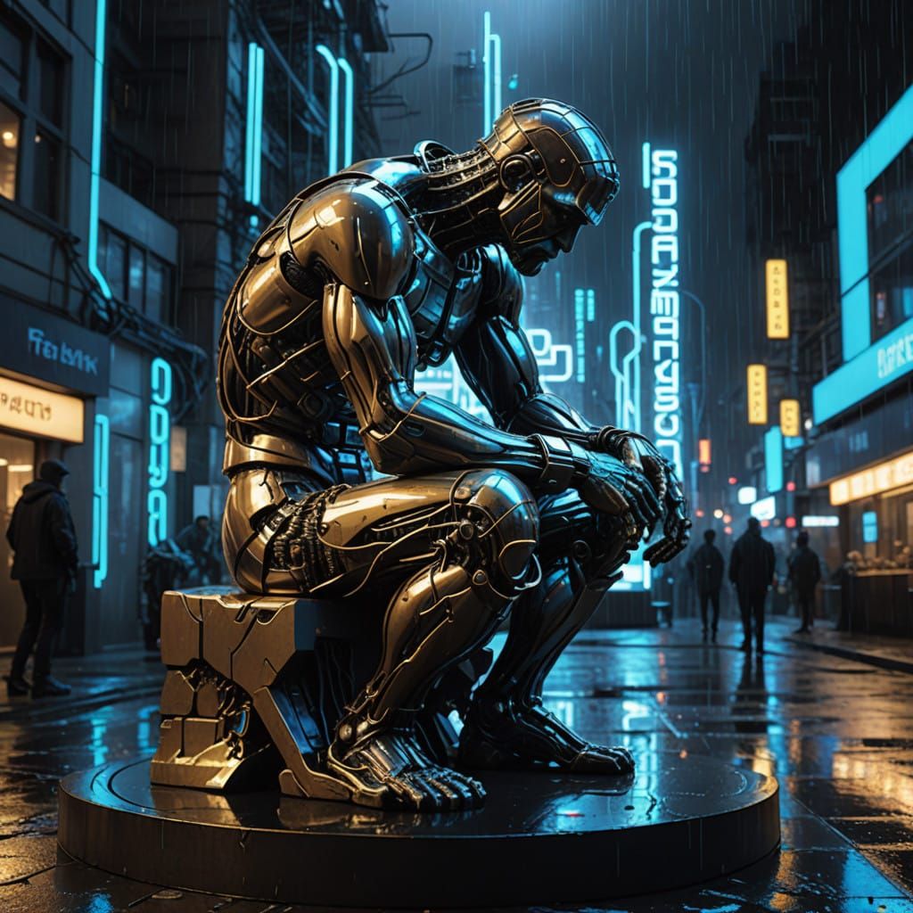 Cybernetic Thinker Lost in Neon-Lit City