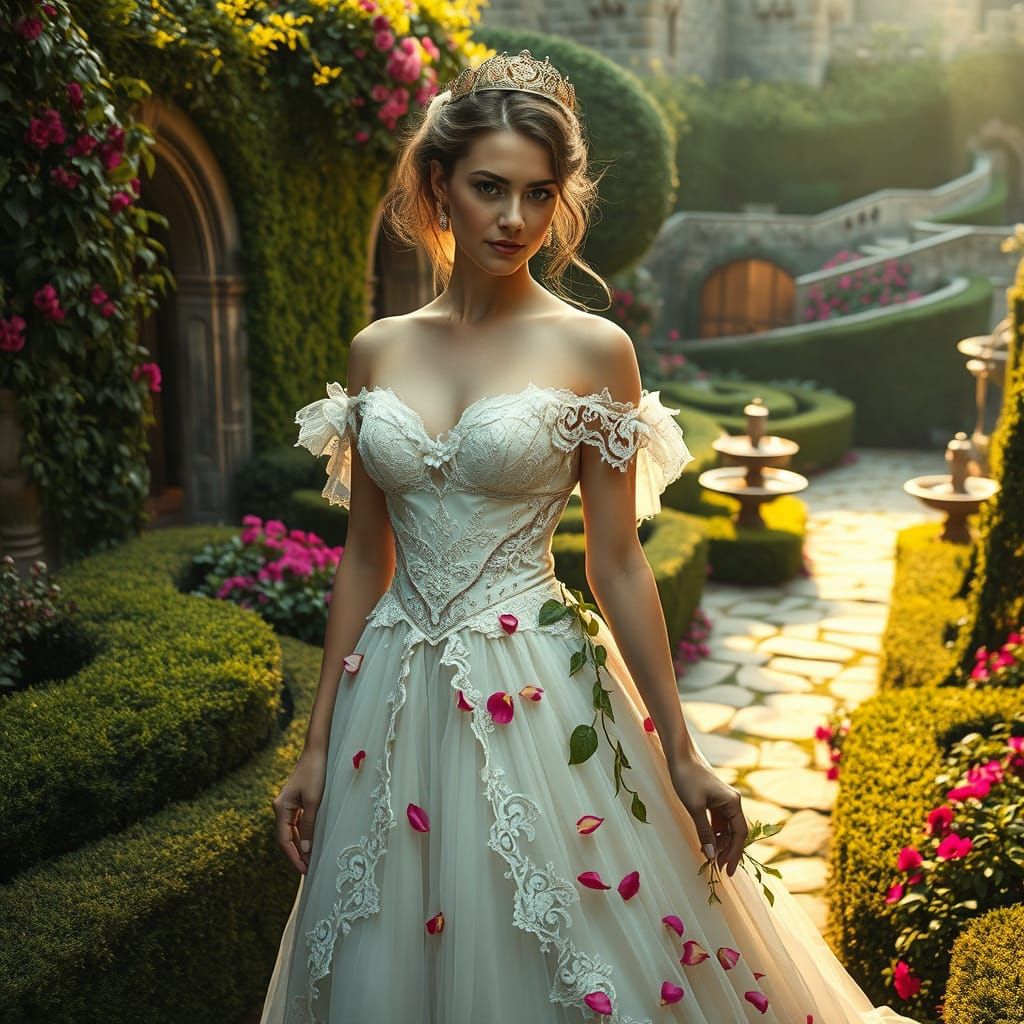 Princess in Enchanted Castle Gardens with Tattered Wedding G...