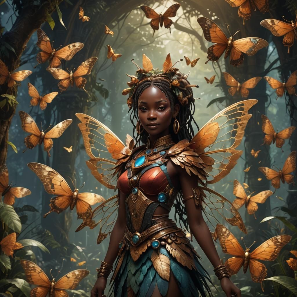 African Fairy-Girl with Moth Wings, Detailed Matte Painting