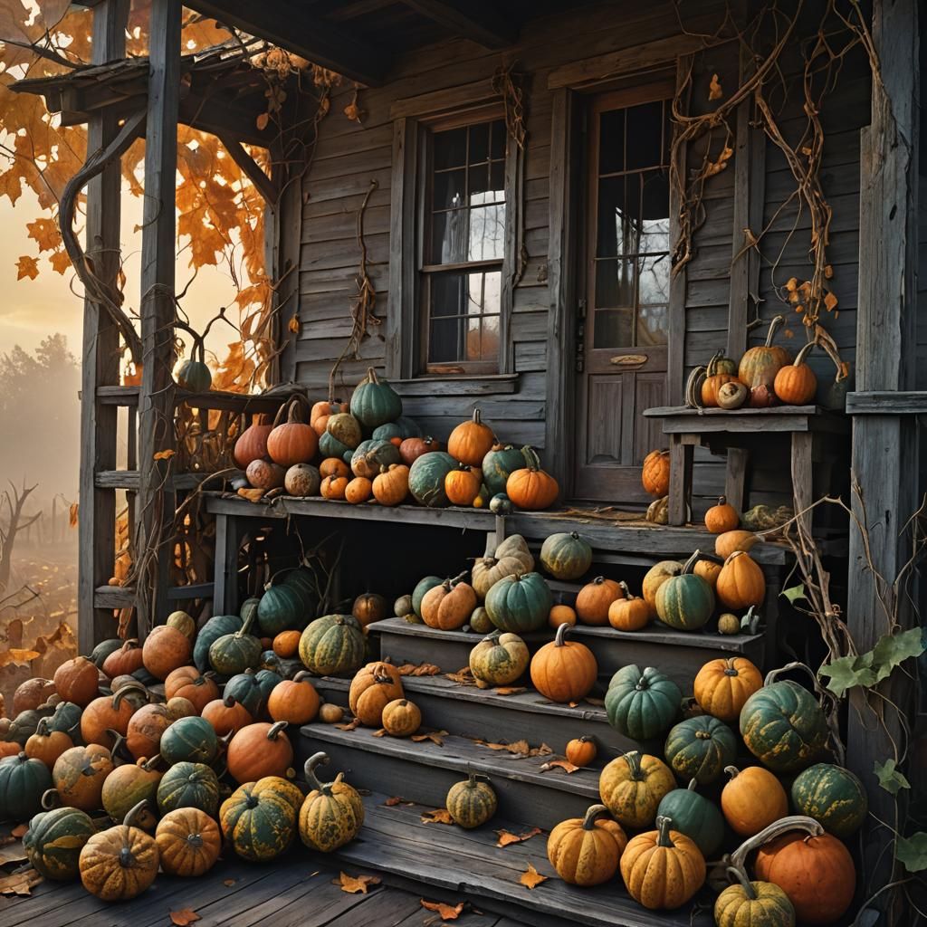 Gourds on a Dilapidated Farmhouse in Dark Fantasy Style