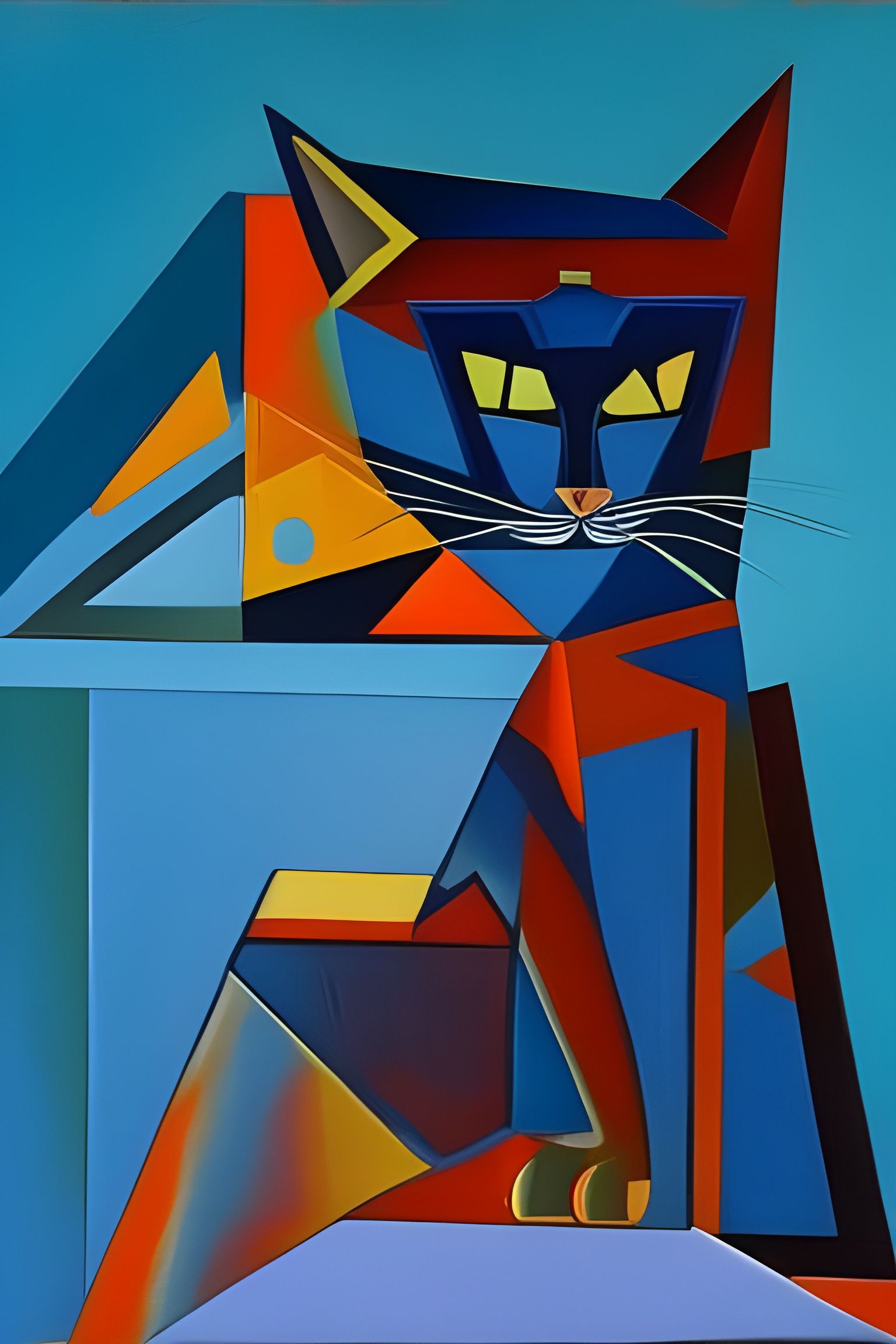 Cubist Cat with Blue Background