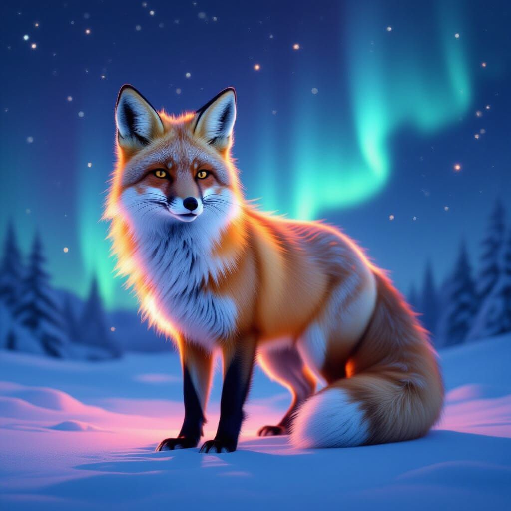 Fox with Northern Lights Shimmering Inside