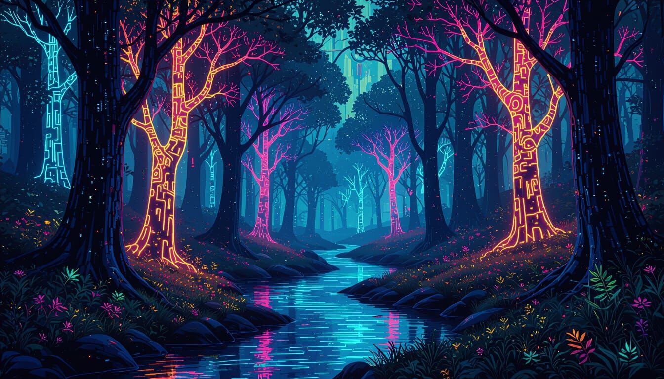 Bioluminescent Cyberpunk Forest in Art Nouveau Style